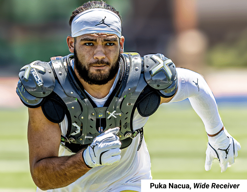 Puka Nacua, NFL wide receiver, wearing XTECH football shoulder pads while running