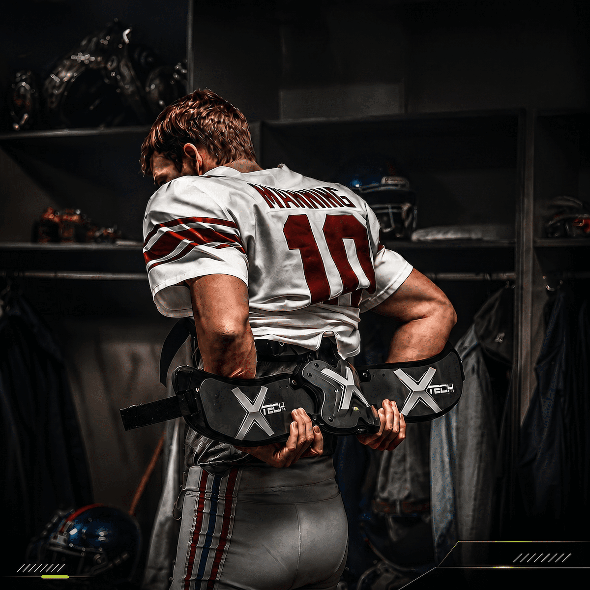 XTECH quarterback pad setup with rib coverage shown on a football player.